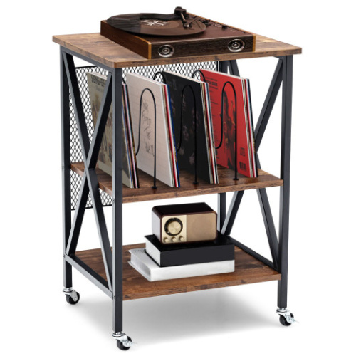 3 Tiers Vintage Style Rolling End Table with 3 Dividers for Albums-Brown