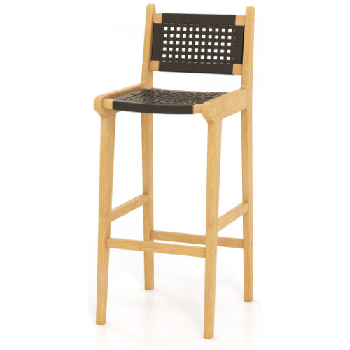 30 Inch Rattan Teak Wood Bar Stool with Backrest and Footrest