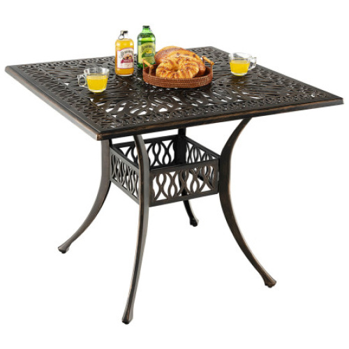 35.4 Inch Aluminum Patio Square Dining Table with Umbrella Hole-Bronze