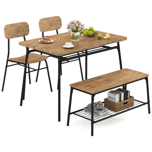 4 Piece Dining Table Set for 4 Metal Frame with Bench and 2 Chairs-Brown