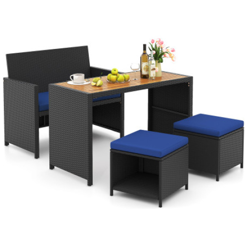 4 Piece Outdoor Dining Set with Wood Topped Dining Table, Rattan Loveseat Chair and 2 Ottomans-Navy