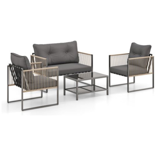 4 Pieces Outdoor PE Rattan Conversation Sofa Set with Cushions-Grey