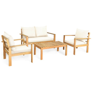 4 Pieces Patio Acacia Wood Thick Cushion Loveseat Sofa Set-White