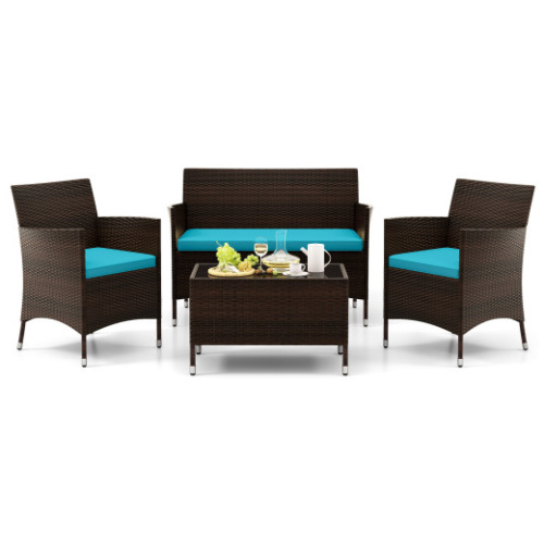 4 Pieces Patio Rattan Sofa Set with Chairs and Glass Coffee Table-Turquoise