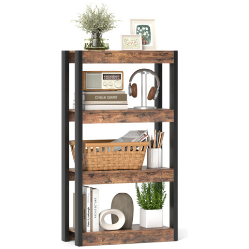 4 Tier Bookshelf Wooden Bookcase with Dual Anti-Tipping Kits-Rustic Brown