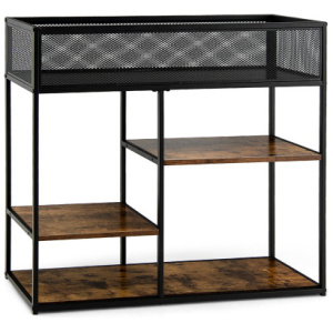 4-Tier Industrial Console Table with Wire Basket and shelf-Rustic Brown