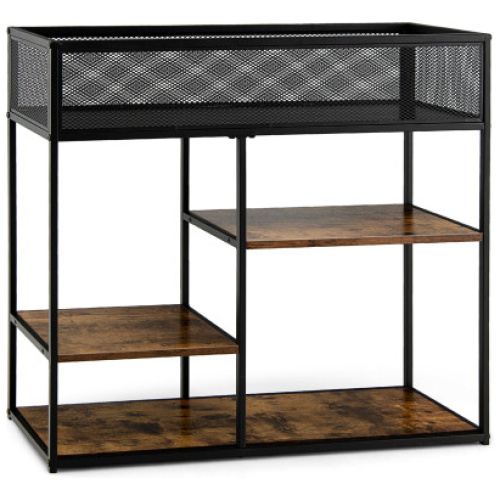 4-Tier Industrial Console Table with Wire Basket and shelf-Rustic Brown