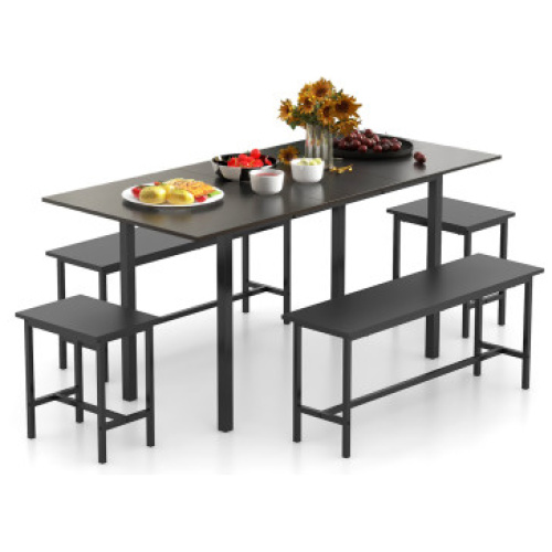 5 Piece Dining Table Set for 4-6 with 2 Benches & 2 Stools for Kitchen Dining Room-Black