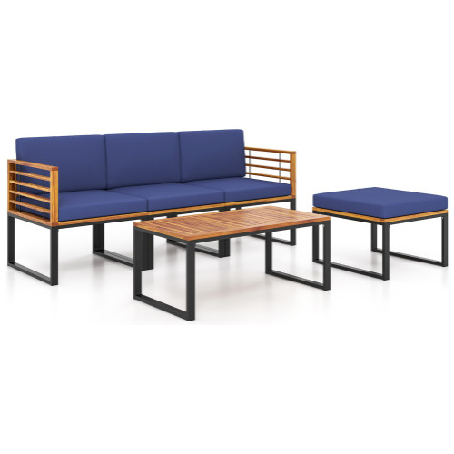 5-Piece Patio Acacia Wood Chair Set with Ottoman and Coffee Table-Navy