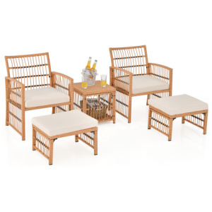 5 Piece Patio Wicker Sofa Set with Seat and Back Cushions-Natural