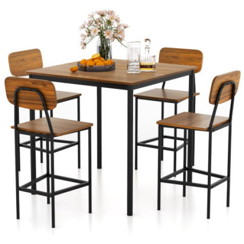 5 Pieces Industrial Dining Table Set with Counter Height Table and 4 Bar Stools-Dark Brown