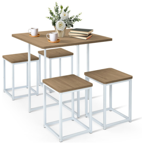 5 Pieces Metal Frame Dining Set with Compact Dining Table and 4 Stools-Natural