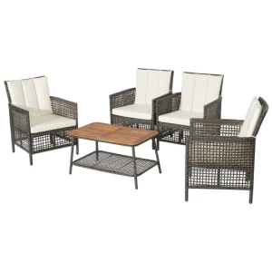 5 Pieces Patio Rattan Furniture Set Cushioned Sofa Armrest Wooden Tabletop-Off White