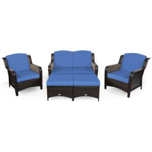 5 Pieces Patio Rattan Sofa Set with Cushion and Ottoman-Navy