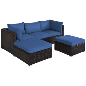 5 Pieces Patio Rattan Sofa Set with Cushion and Ottomans-Navy