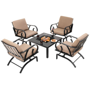 5 Pieces Patio Rocking Chairs and 4-in-1 Fire Pit Table with Fire Poker