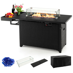 52 Inches Outdoor Wicker Gas Fire Pit Propane Fire Table with Cover-Black