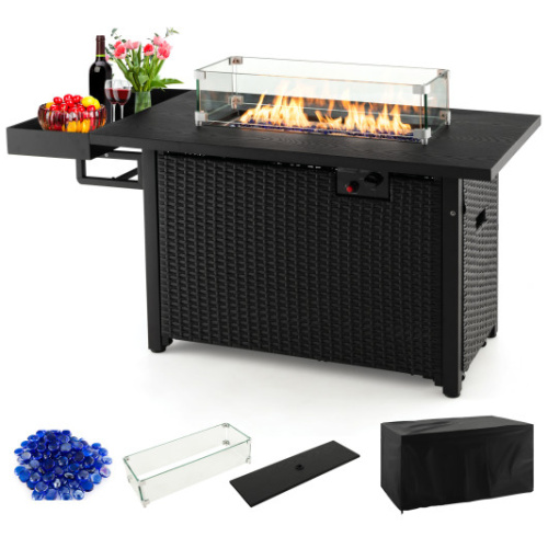 52 Inches Outdoor Wicker Gas Fire Pit Propane Fire Table with Cover-Black