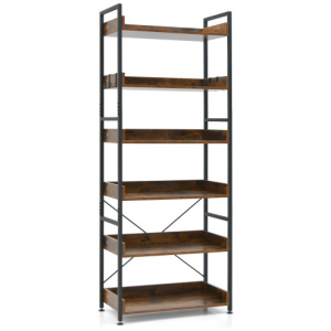 6-Tier Tall Industrial Bookcase with Open Shelves and 4 Hooks-Brown