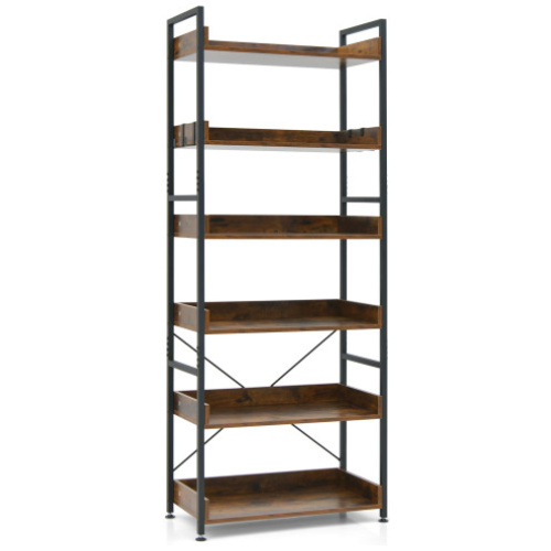 6-Tier Tall Industrial Bookcase with Open Shelves and 4 Hooks-Brown