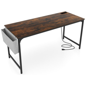 60 Inch Computer Desk with Charging Station Storage Bag-Rustic Brown