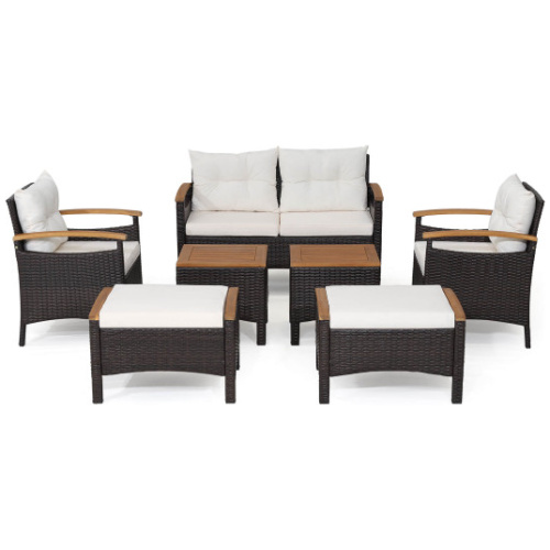 7 Piece Rattan Patio Sofa Set with Acacia Wood Tabletop and Armrests