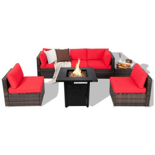 7 Pieces Patio Furniture Set with 28 Inches 50000 BTU Propane Gas Fire Pit Table-Red