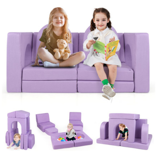 8-Piece Modular Kids Play Couch with Comfy Suede Fabric-Purple