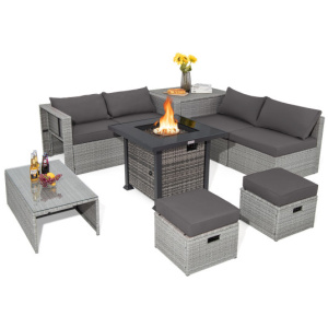 9 Pieces Outdoor Patio Furniture Set with 32-Inch Propane Fire Pit Table-Gray