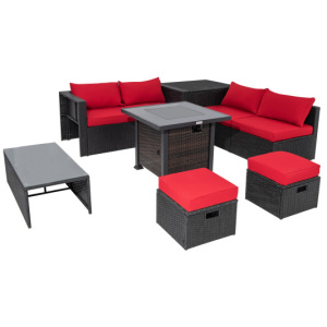 9 Pieces Patio Furniture Set with 32" Fire Pit Table and 50000 BTU Square Propane Fire Pit-Red