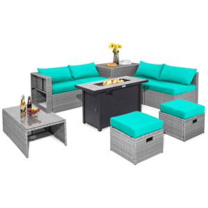 9 Pieces Patio Furniture Set with 42 Inches 60000 BTU Fire Pit-Turquoise