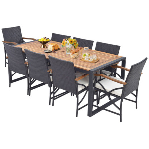 9 Pieces Patio Rattan Dining Set with Acacia Wood Table for Backyard, Garden-X-side Handrail