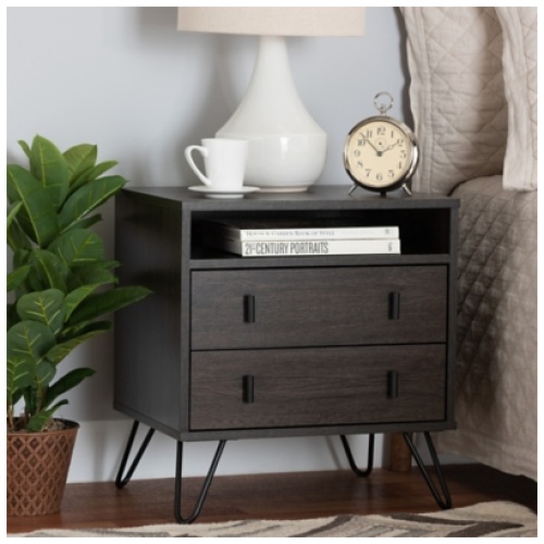 Baxton Studio Glover 2-Drawer Nightstand, Dark Brown/Black