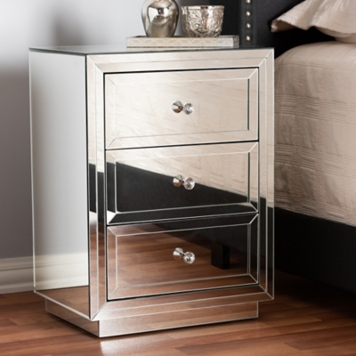 Baxton Studio Lina Mirrored 3 Drawer Nightstand, Silver