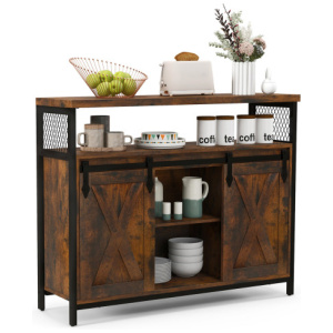 Buffet Cabinet with 3-Level Adjustable Shelves and 2 Sliding Barn Doors-Rustic Brown