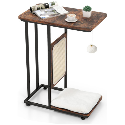 C- Shaped Cat Side Table Cat Tree with Scratching Board-Rustic Brown