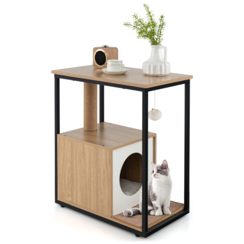 Cat Furniture End Table Cat House with Scratching Post-Natural