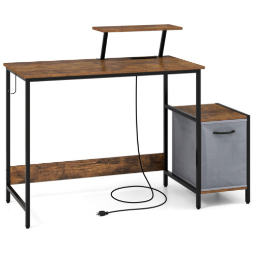 Computer Desk with Reversible Storage Drawer and Moveable Shelf-Brown