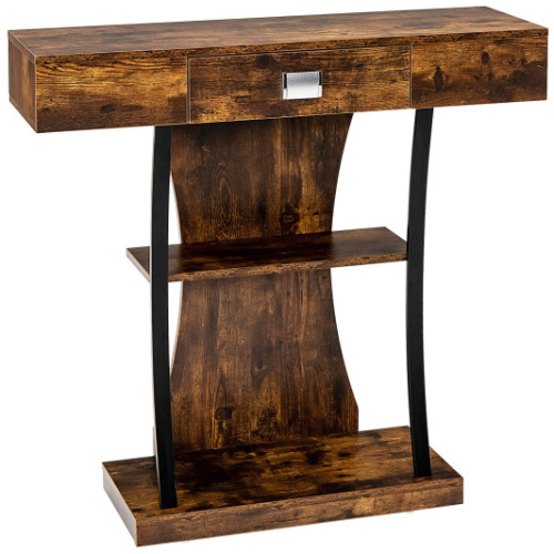 Console Table with Drawer and 2-Tier Shelves for Entryway Living Room-Rustic Brown