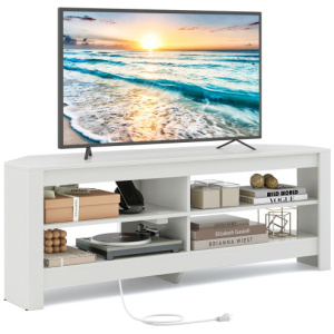 Corner TV Stand with Power Outlet and 4 Open Storage Shelves-White