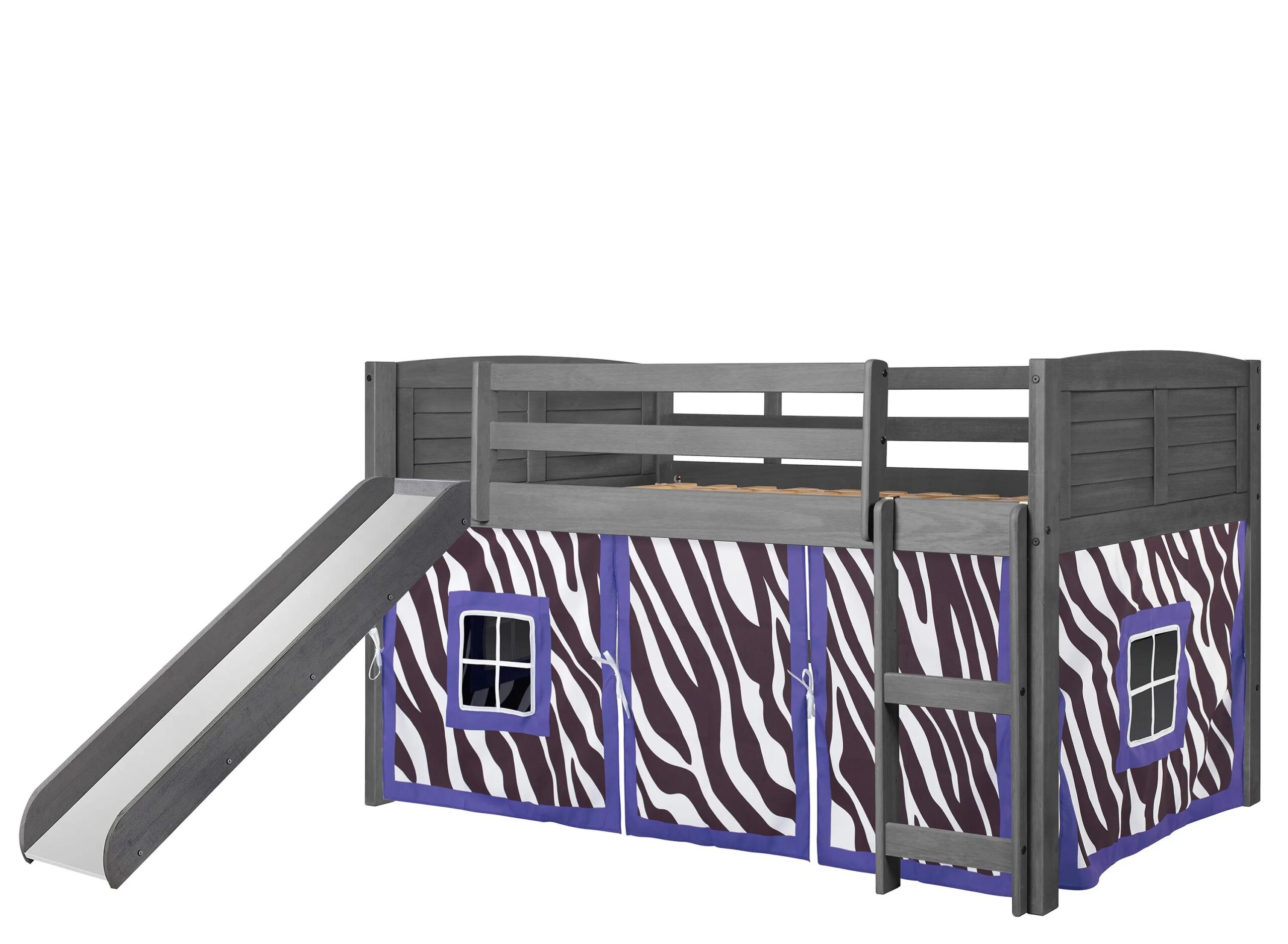 Donco Louver Low Loft Bed with Slide & Zebra Print Tent