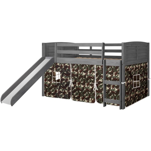 Donco Low Loft Bed with Slide & Camo Print Tent