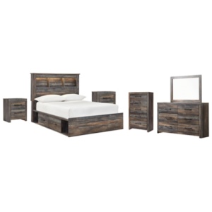 Drystan Full Bookcase Bed with 2 Storage Drawers with Mirrored Dresser, Chest and 2 Nightstands, Multi