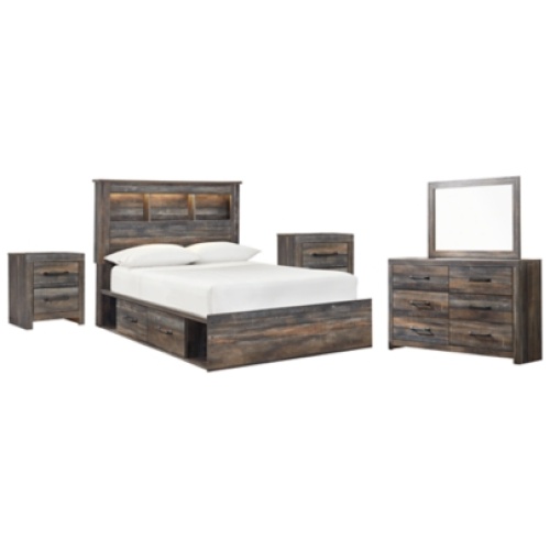 Drystan Full Bookcase Bed with 2 Storage Drawers with Mirrored Dresser and 2 Nightstands, Multi