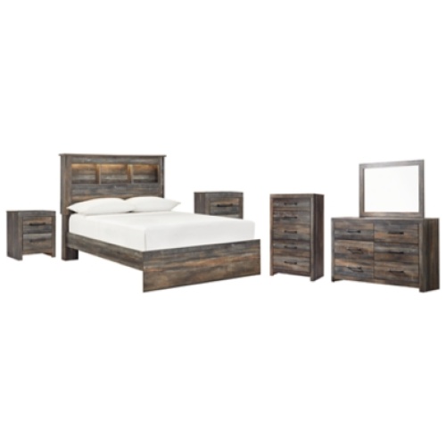 Drystan Full Bookcase Bed with Mirrored Dresser, Chest and 2 Nightstands, Multi