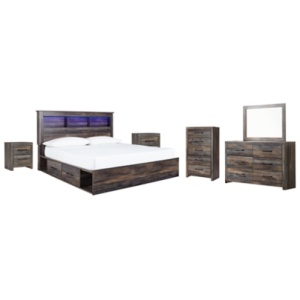 Drystan King Bookcase Bed with 2 Storage Drawers with Mirrored Dresser, Chest and 2 Nightstands, Multi