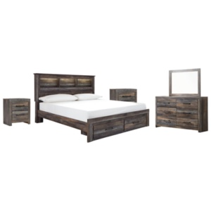 Drystan King Bookcase Bed with 2 Storage Drawers with Mirrored Dresser and 2 Nightstands, Multi