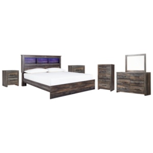 Drystan King Panel Bookcase Bed with Mirrored Dresser, Chest and 2 Nightstands, Multi