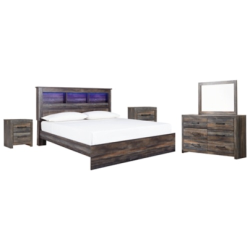 Drystan King Panel Bookcase Bed with Mirrored Dresser and 2 Nightstands, Multi