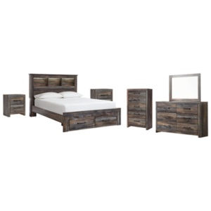 Drystan Queen Bookcase Bed with 2 Storage Drawers with Mirrored Dresser, Chest and 2 Nightstands, Multi